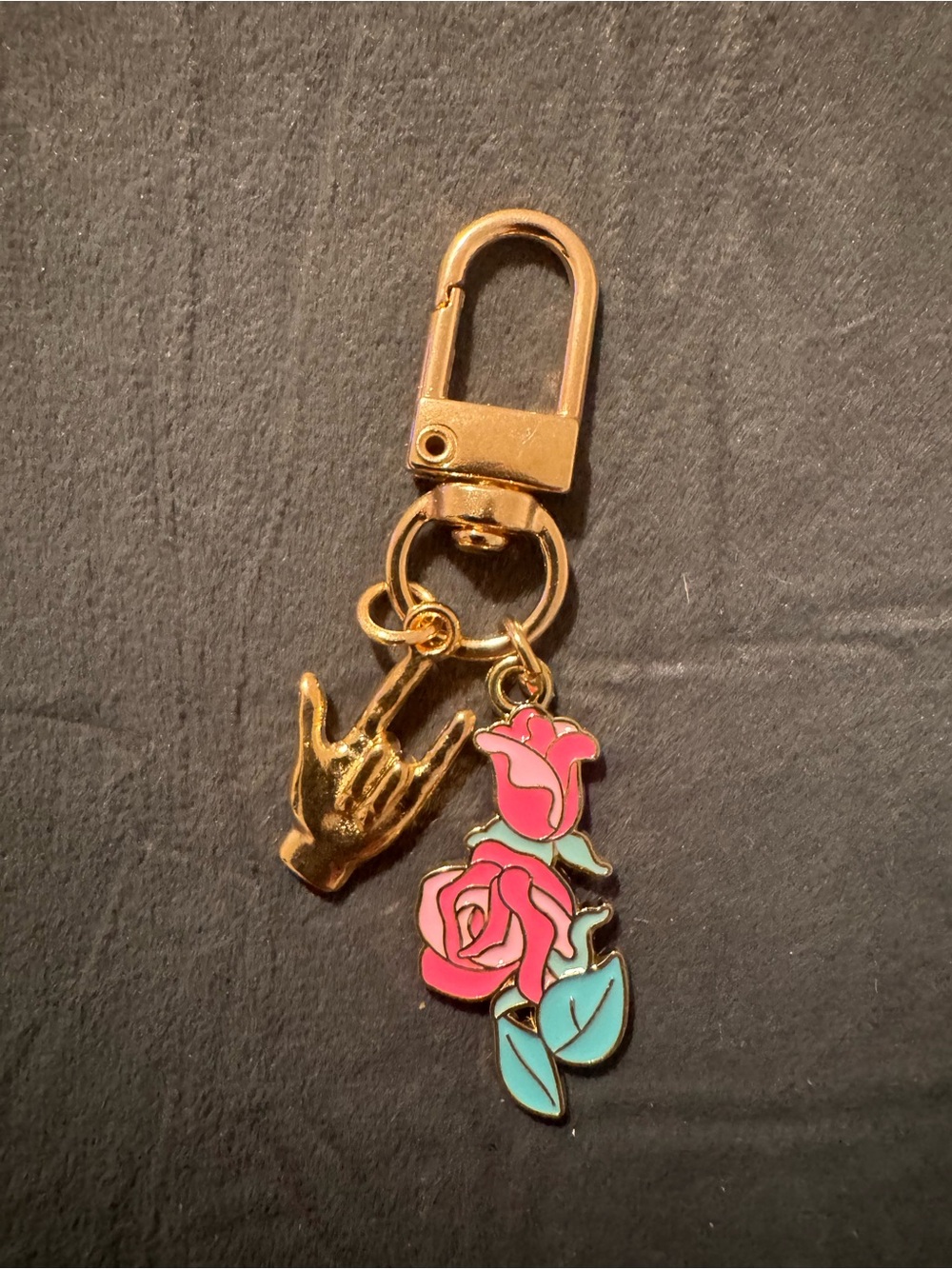 Gold-tone Pink Rose & American Sign Language 🤟🏻 Keychain Charm